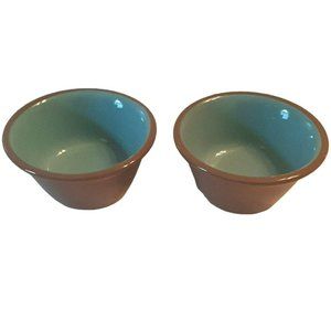 2 Chateau Buffet Custard Cups Stoneware Aqua Blue Brown Vintage